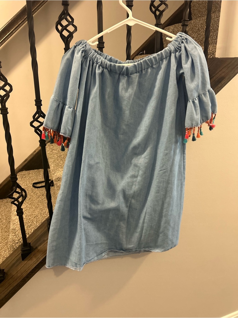 See You Monday Light Blue Off-Shoulder Dress with Multicolor Tassels
